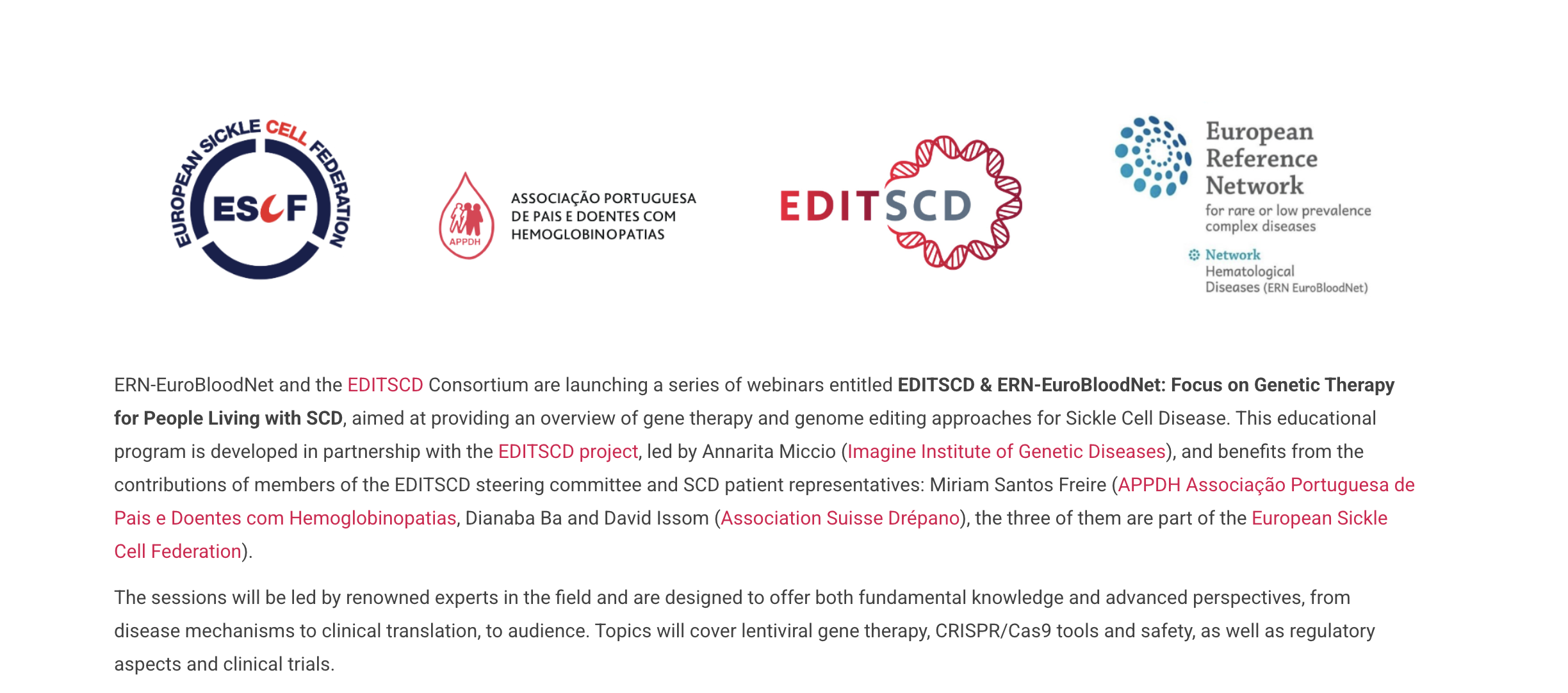 Seminários EDITSCD & ERN-EuroBloodNet: foco na terapia genética para pessoas com Doença Falciforme
